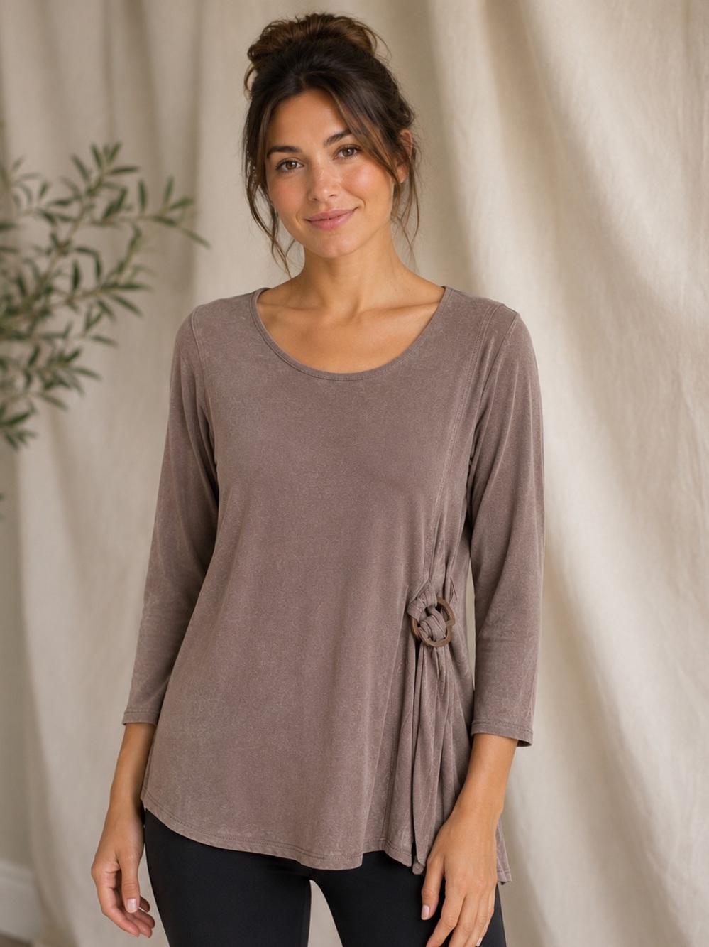 Taupe Side-Ring Long Sleeve Women's Top